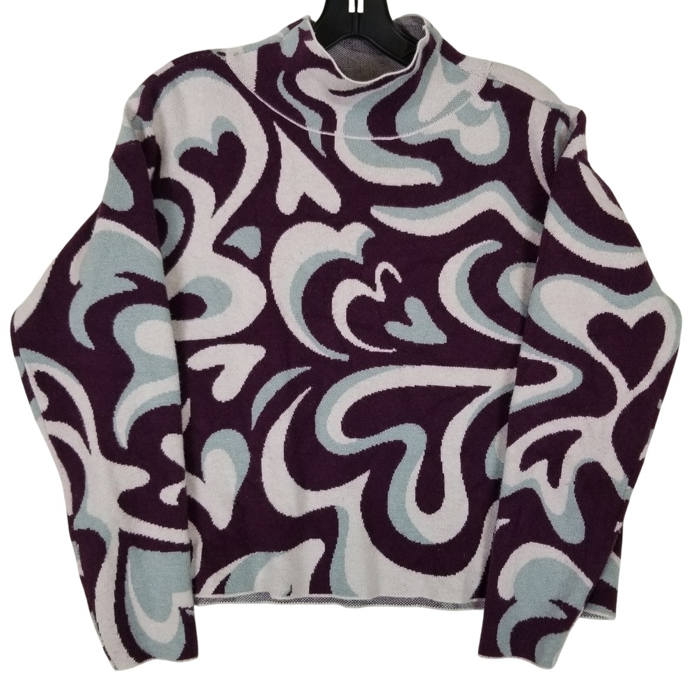 Maeve Anthropologie Mock Neck Sweater Purple Blue Swirl Heart Print Small